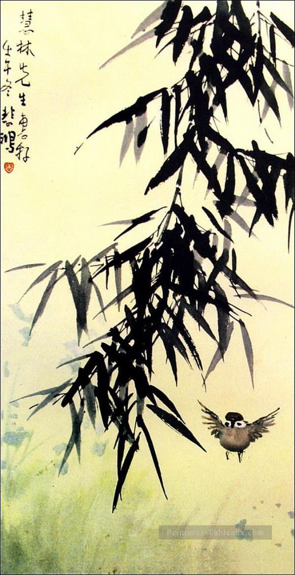 Bambou Xu Beihong et un oiseau chinois traditionnel Peintures à l'huile